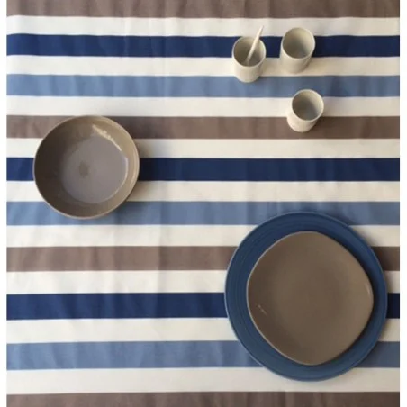 Wipe clean tablecloth Stripes blue/taupe Fleur de Soleil