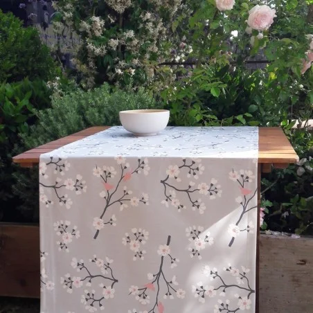 Table runner Japanese Cherry grey/pink