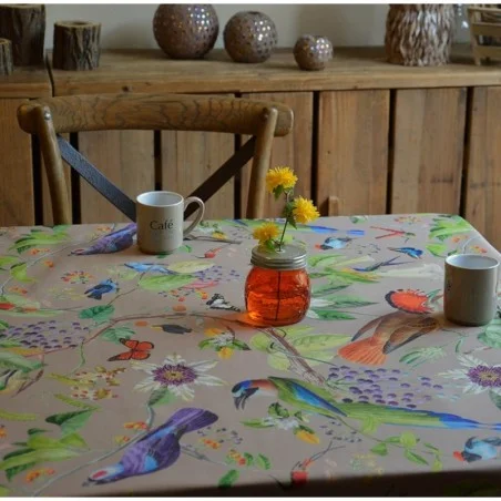 Tischdecke abwaschbar Vögel beige - Fleur de Soleil