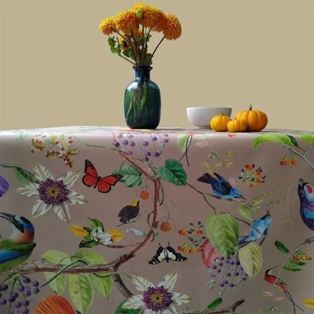 Tischdecke abwaschbar Vögel beige - Fleur de Soleil