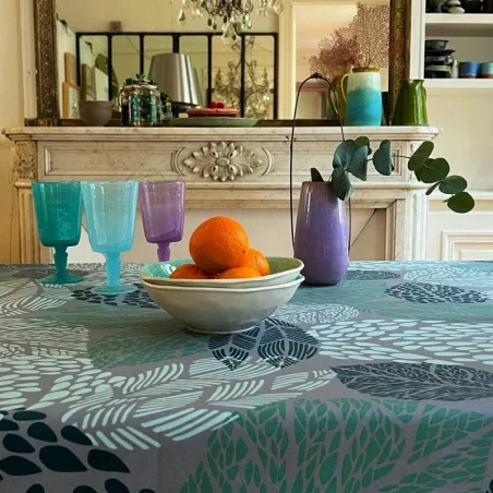 Table runner Leaves turquoise/grey