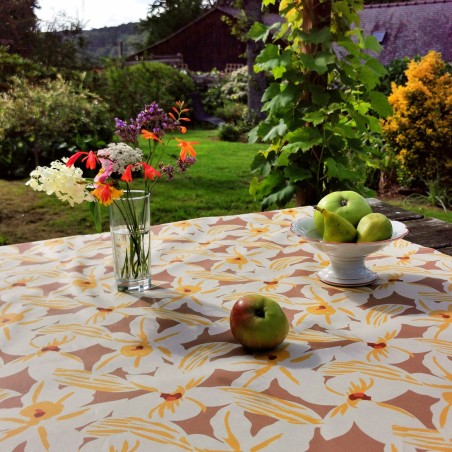 Wipe clean tablecloth Round or oval ikat chocolate  