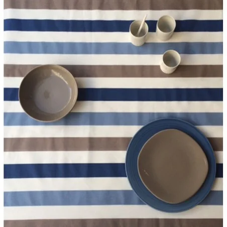 Nappe basque rayée taupe bleu et blanc