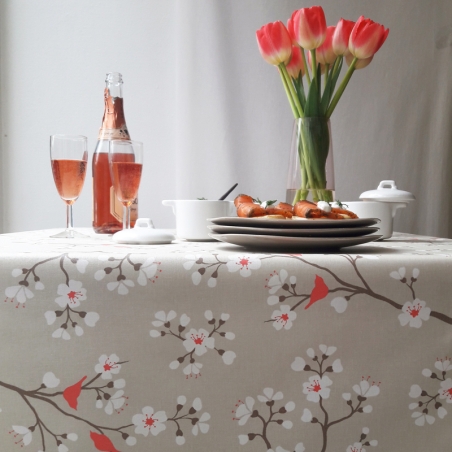 Cotton tablecloth Cherry tree beige coral